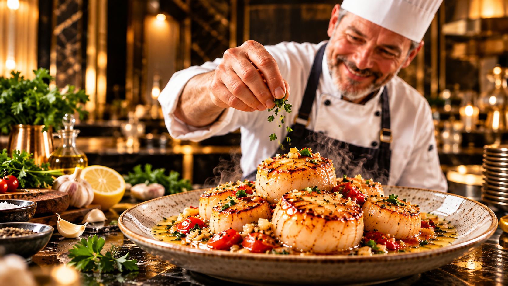 Chef presenting garlic butter scallops