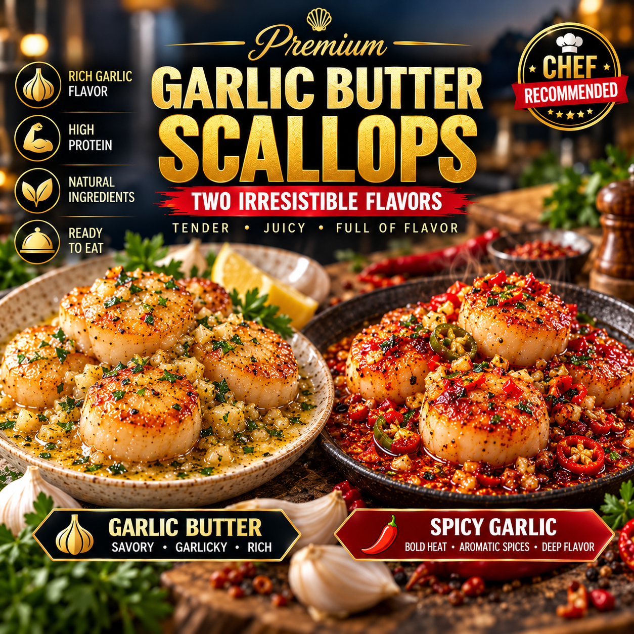 Two signature scallop flavors: garlic butter and spicy garlic