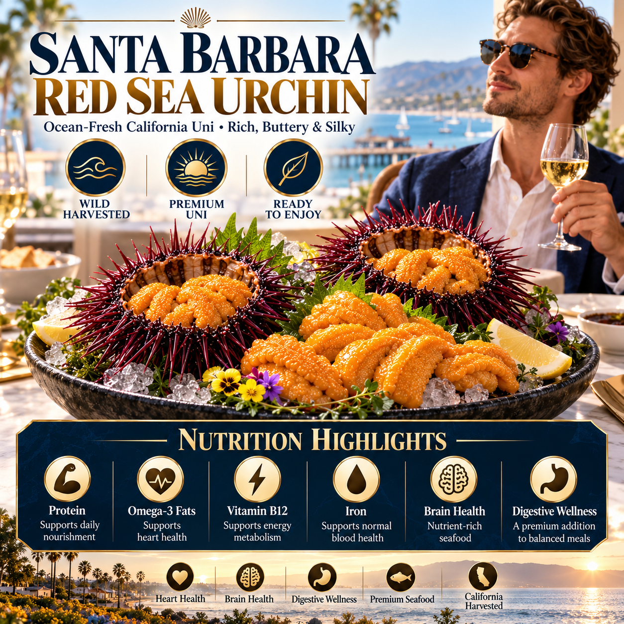 Luxury coastal dining experience featuring Santa Barbara uni