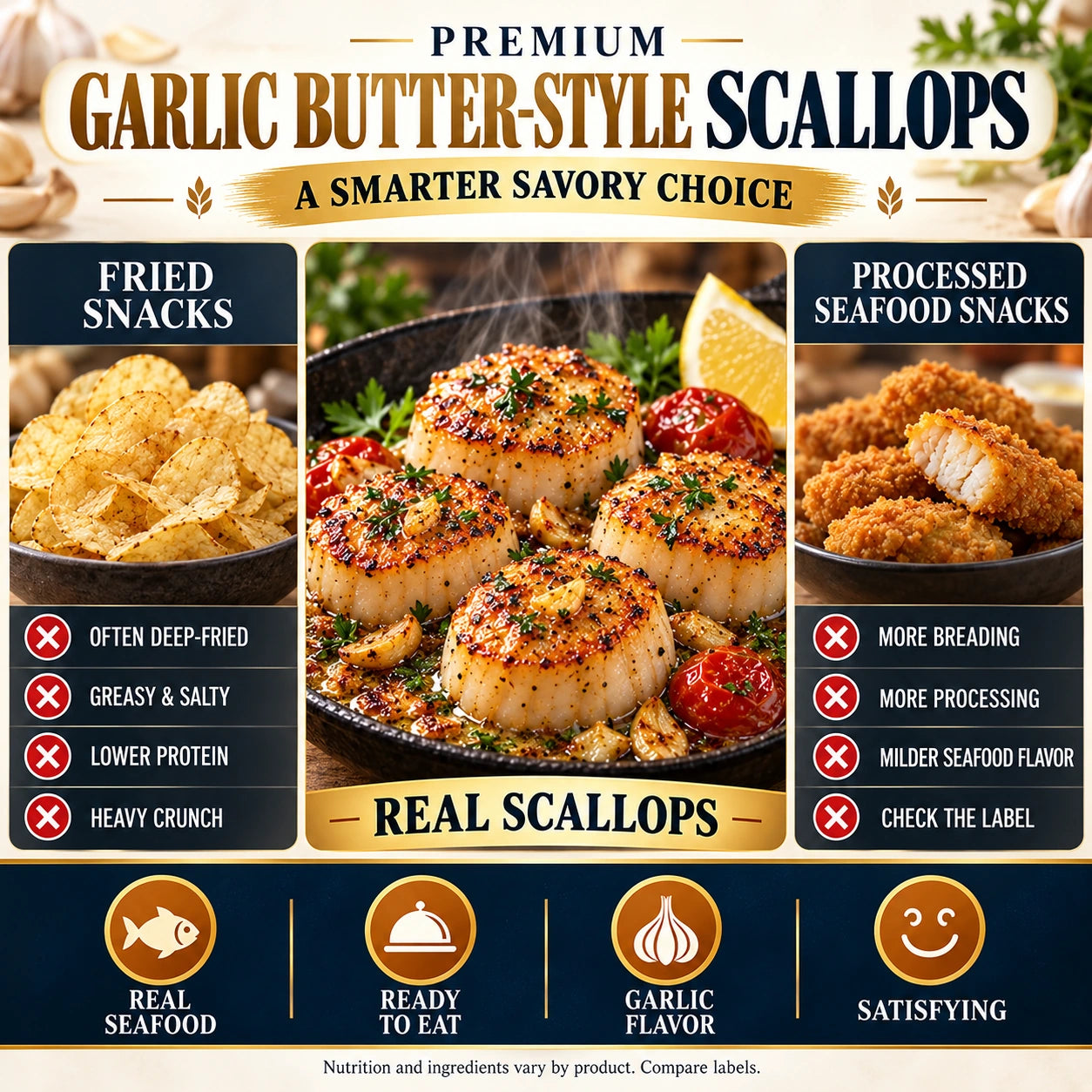 Garlic Butter-Style scallops alongside conventional savory snacks