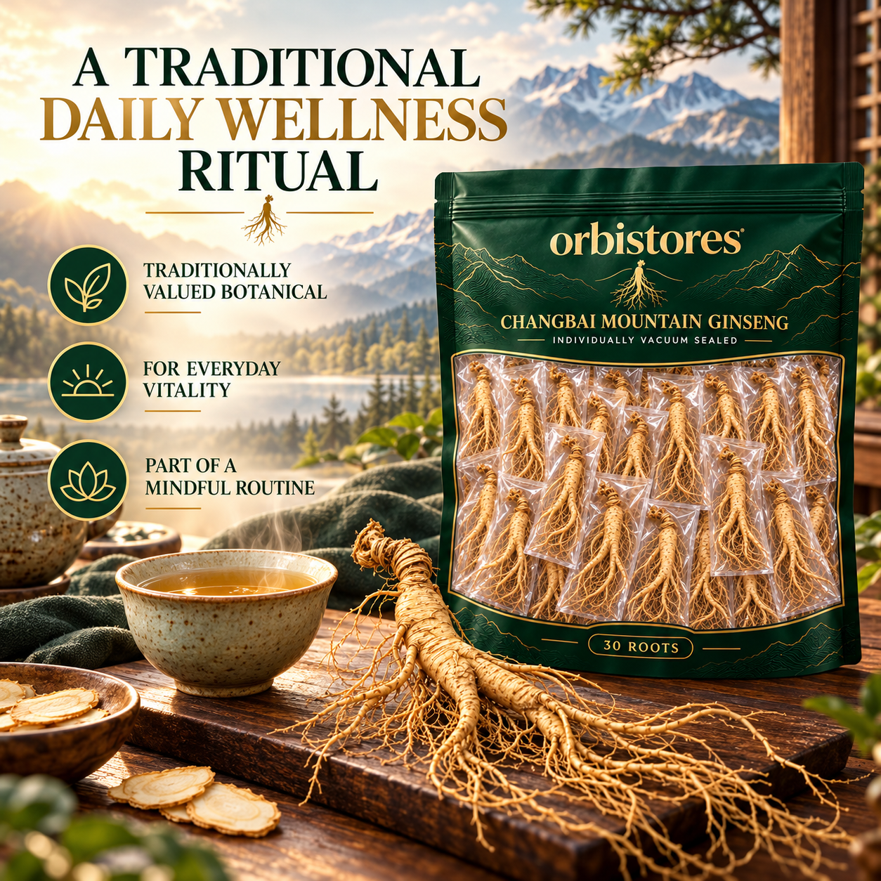Ginseng tea as part of a traditional daily wellness ritual