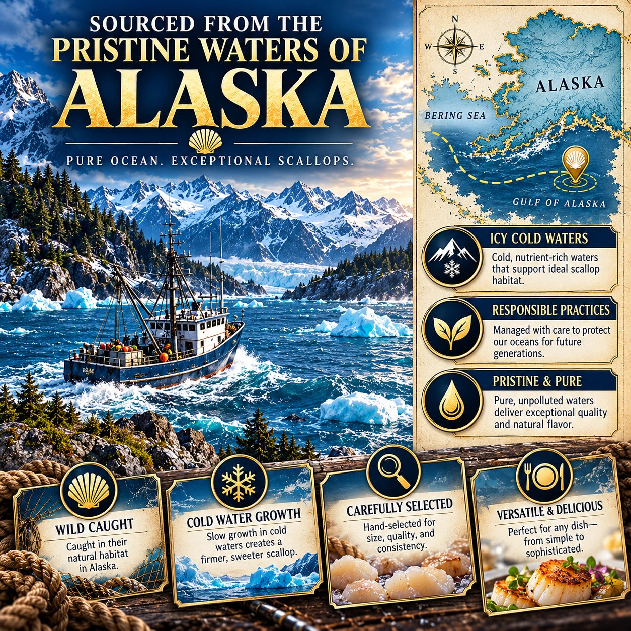 Alaskan coast, fishing boat and origin map