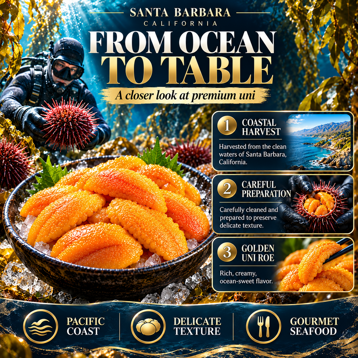 Premium Santa Barbara Red Sea Urchin (Uni) – Wild-Caught California Seafood, Rich & Buttery-$LX