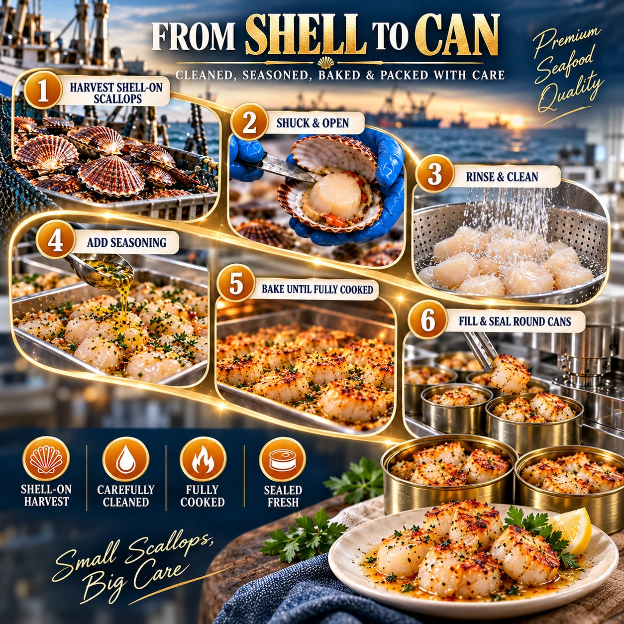 Six illustrated steps from shell-on scallops to sealed round cans