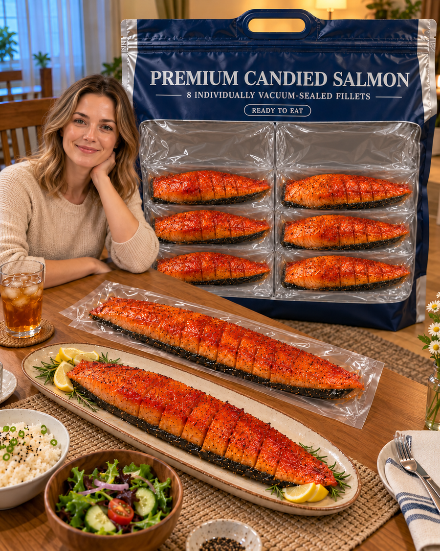 Candied salmon served at the dinner table