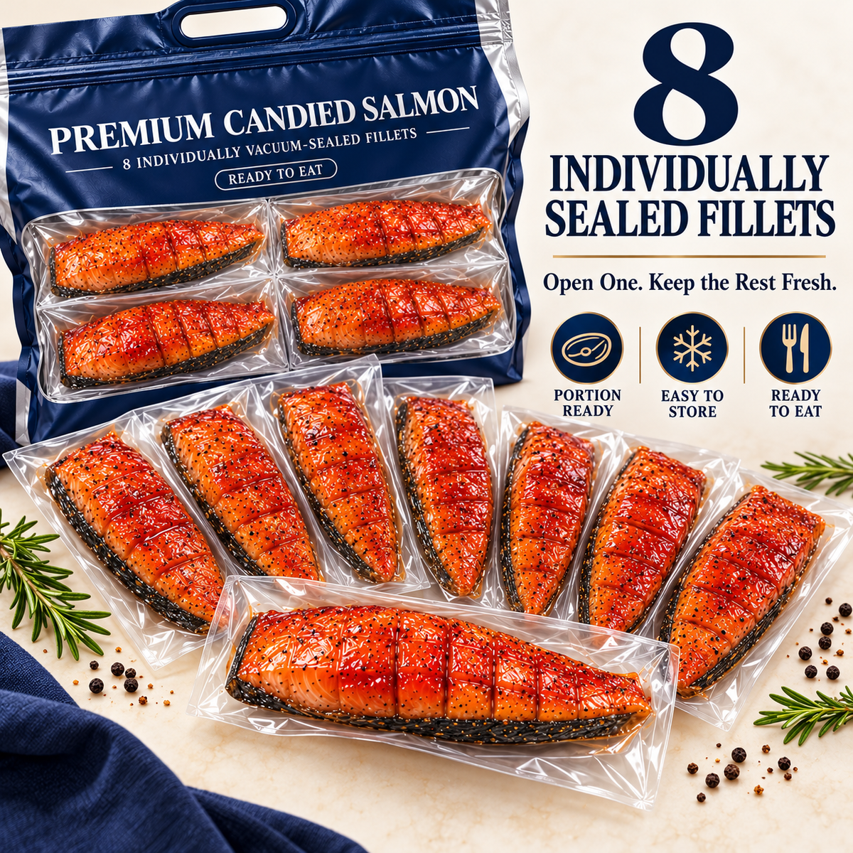 Amber candied salmon pouch