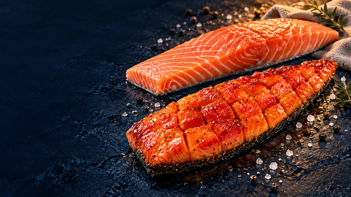 Real salmon transformed into amber candied salmon