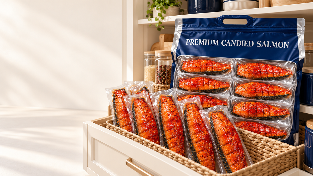 Individually sealed candied salmon stored in a pantry
