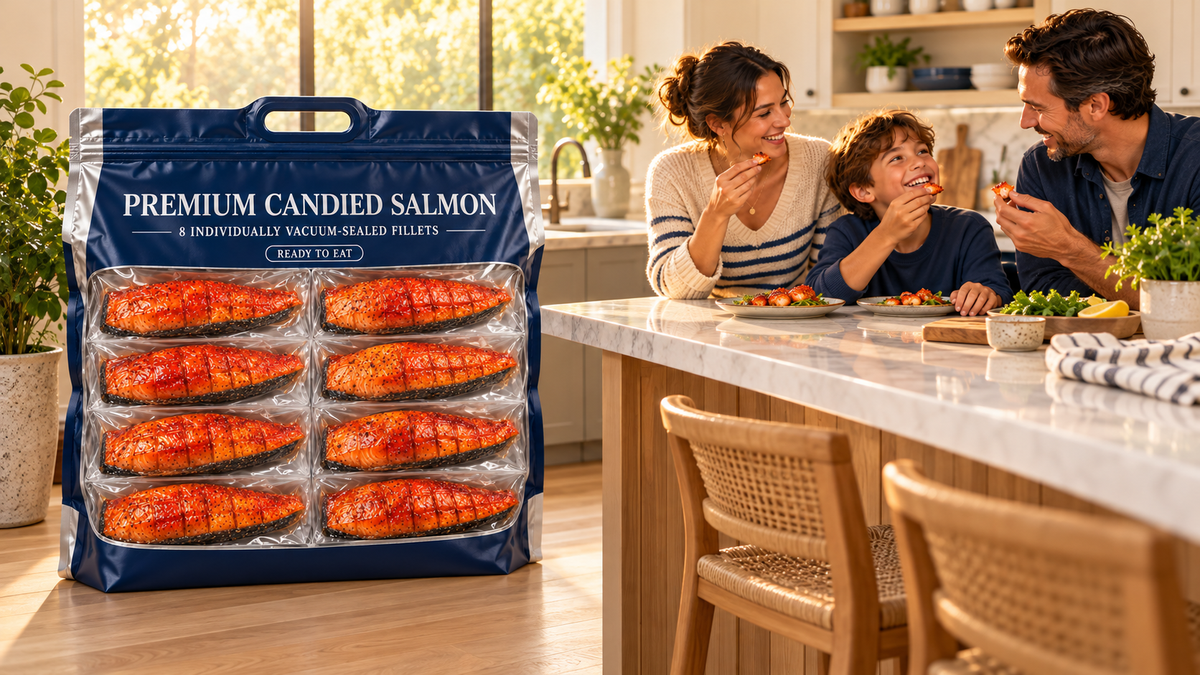 Amber candied salmon snack