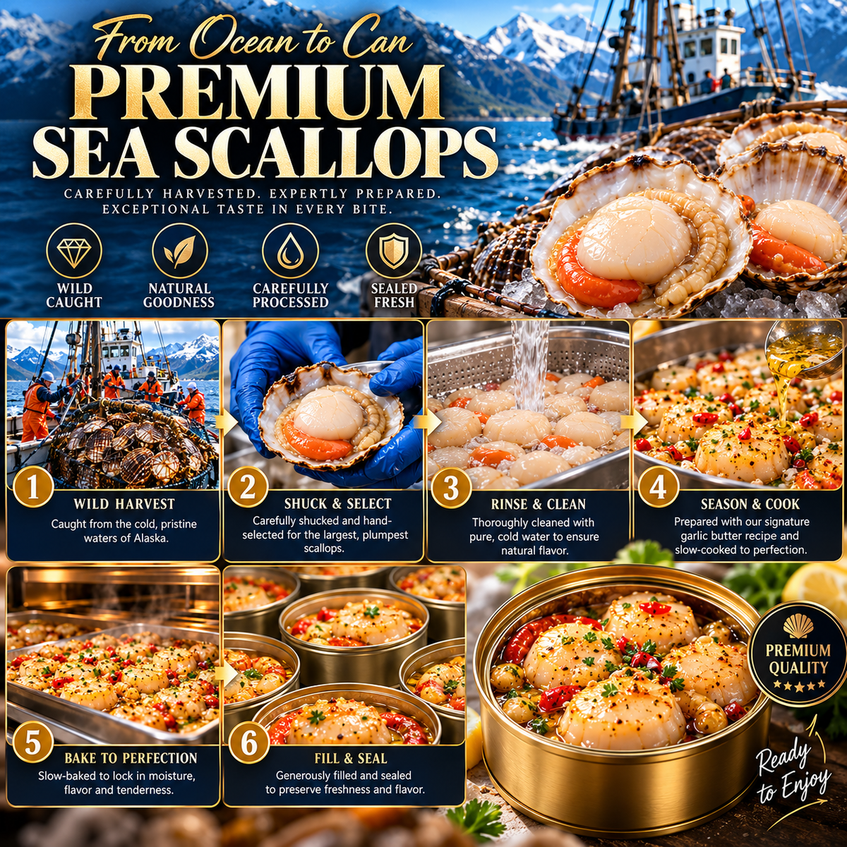 Premium Wild-Caught Garlic Butter Scallops – Extra Plump, Juicy & Ready to Eat  -$AC