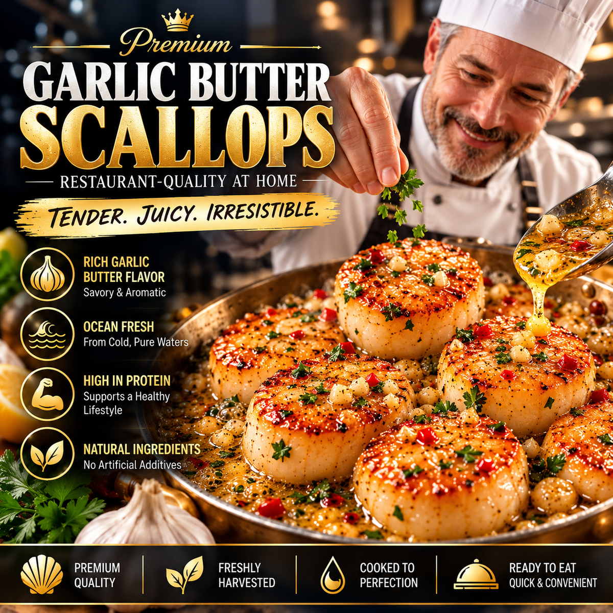 Premium Wild-Caught Garlic Butter Scallops – Extra Plump, Juicy & Ready to Eat  -$AC
