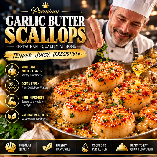 Premium Wild-Caught Garlic Butter Scallops – Extra Plump, Juicy & Ready to Eat  -$AC