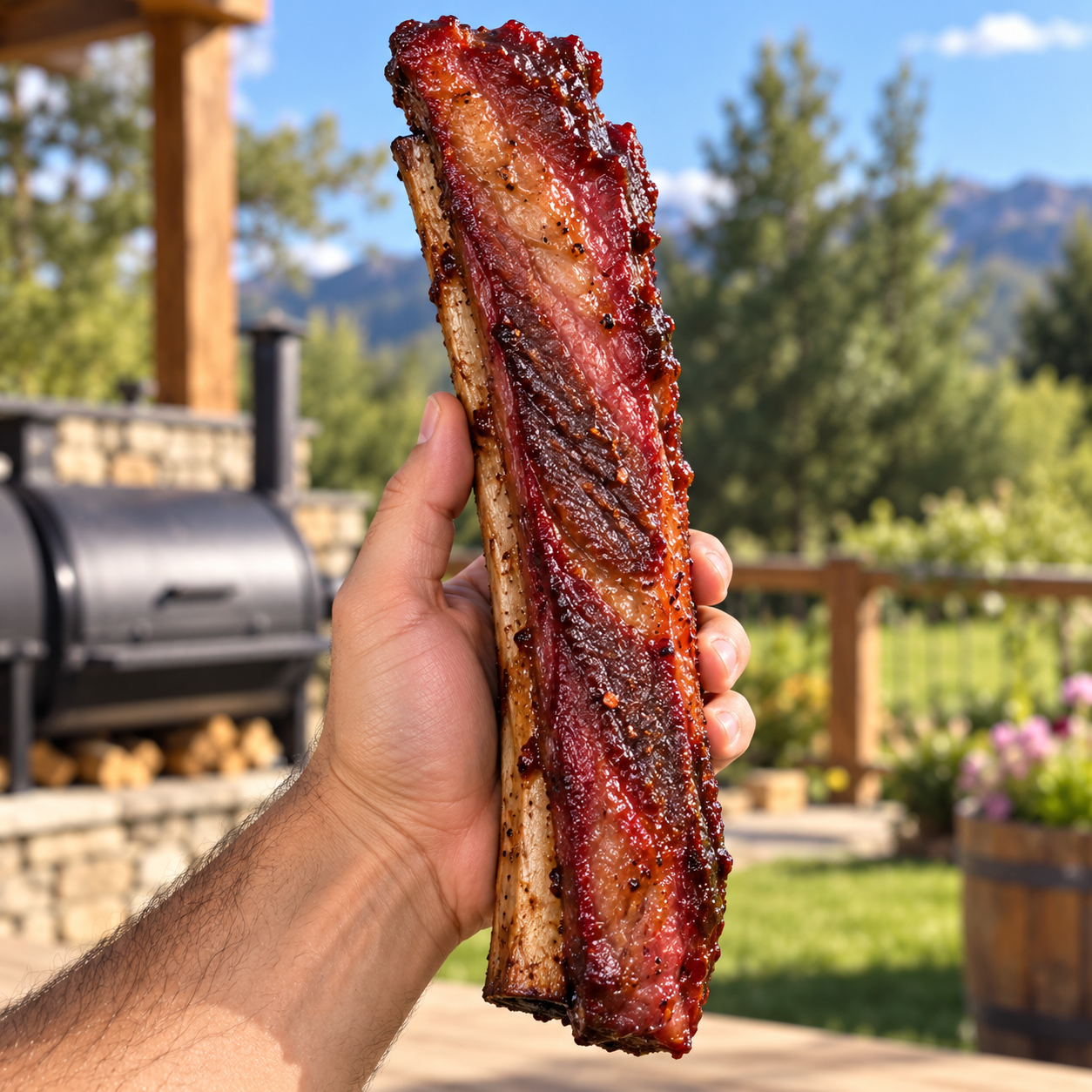 Long-cut smoked beef rib strip held outdoors