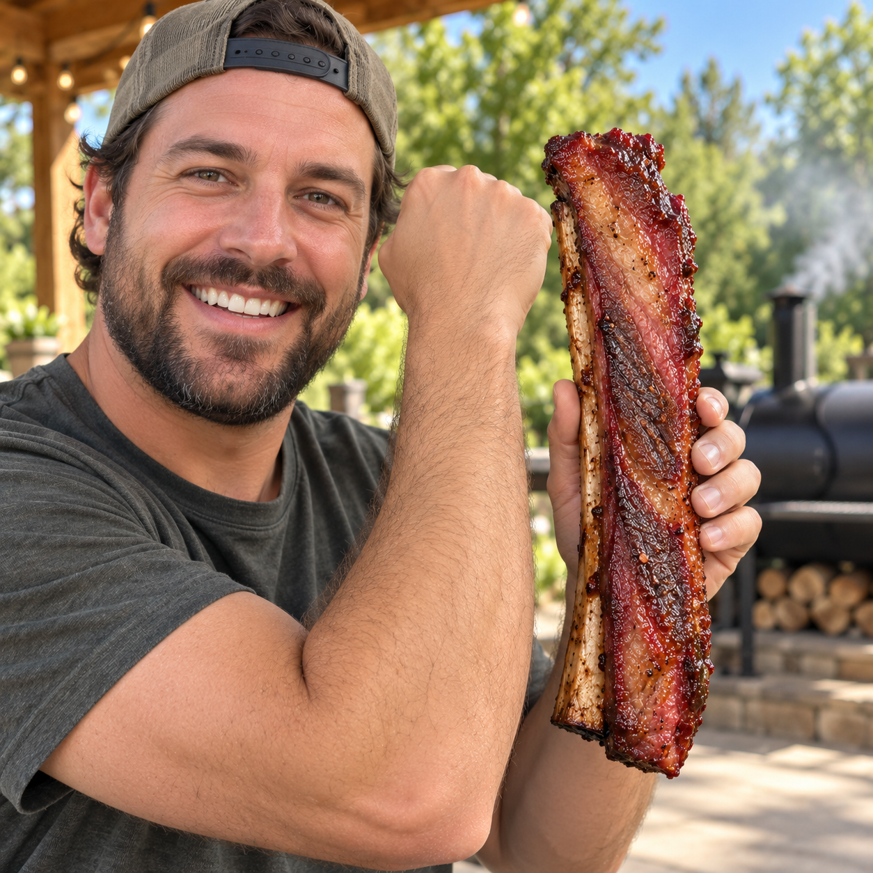 Man holding a long smoked beef rib strip