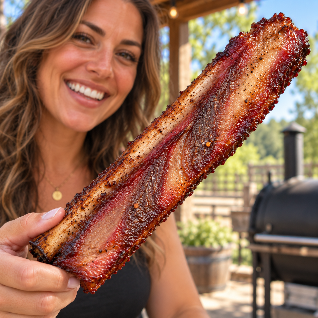 Woman holding a glossy smoked beef rib strip