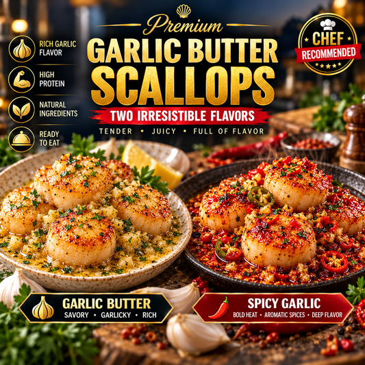 Premium Wild-Caught Garlic Butter Scallops – Extra Plump, Juicy & Ready to Eat  -$AC