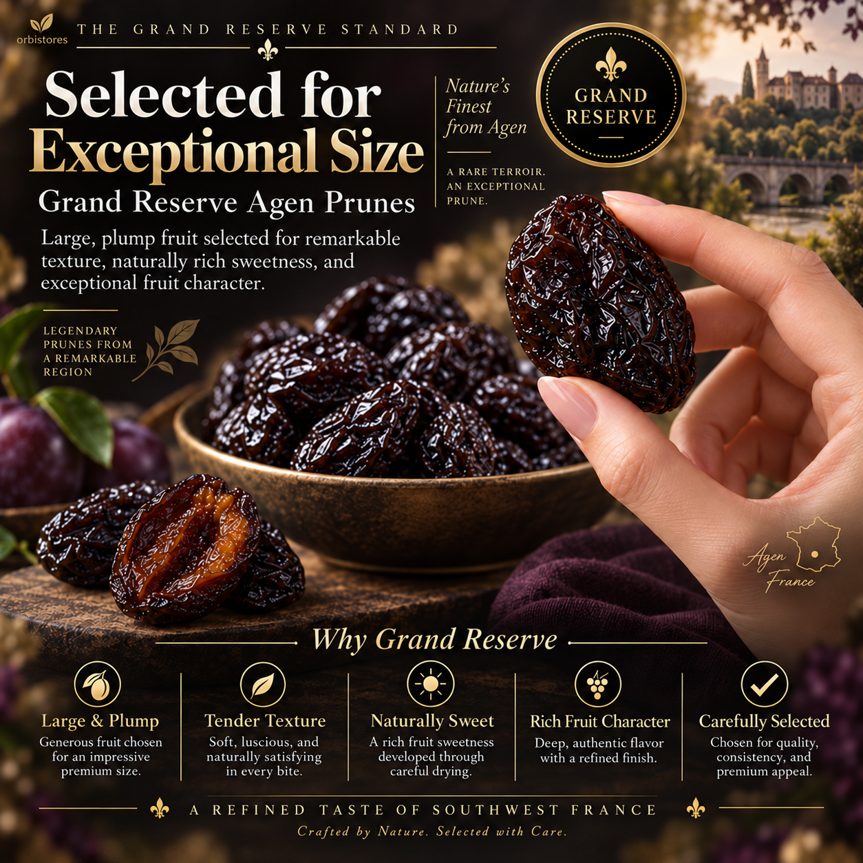 Large and plump Agen Grand Reserve prune selection