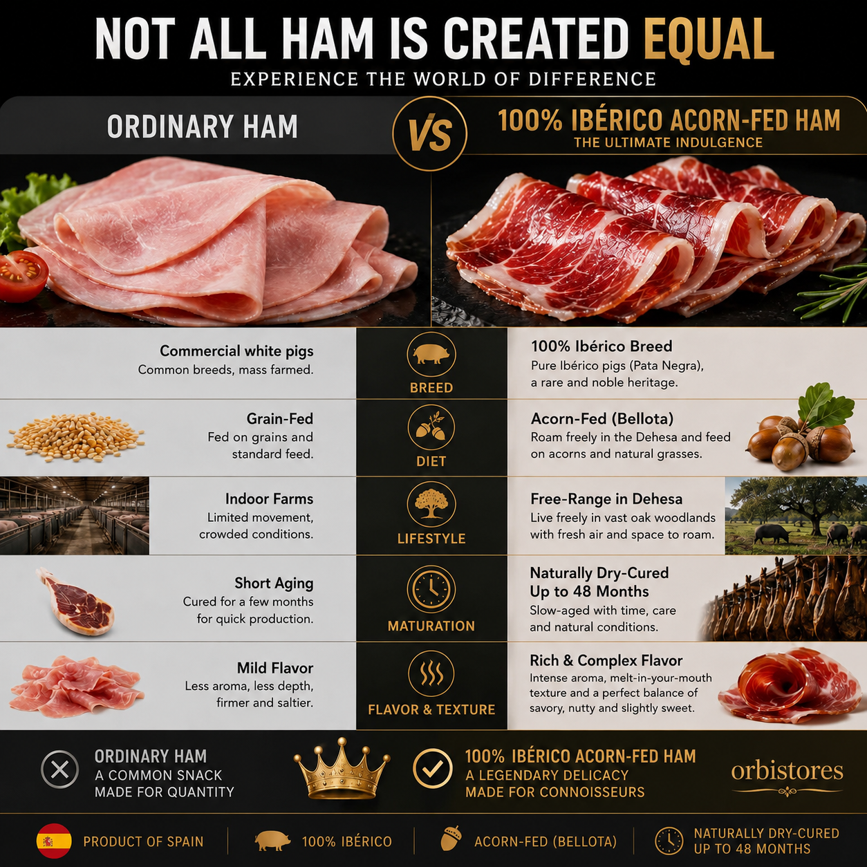 Ordinary ham compared with 100 percent Iberico acorn-fed ham